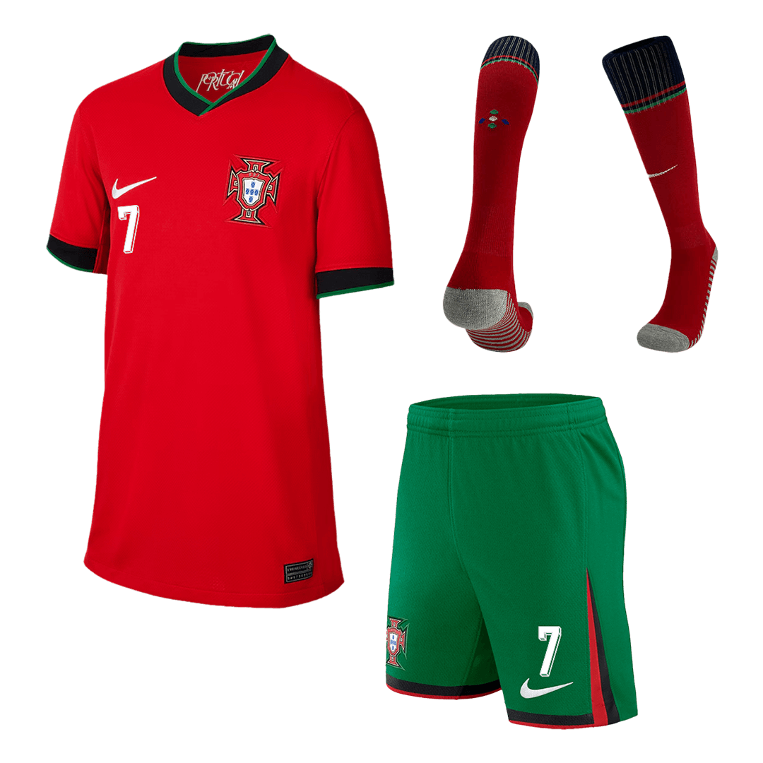 Ronaldo #7 Portugal Home Kids Soccer Jerseys Full Kit Euro 2024 